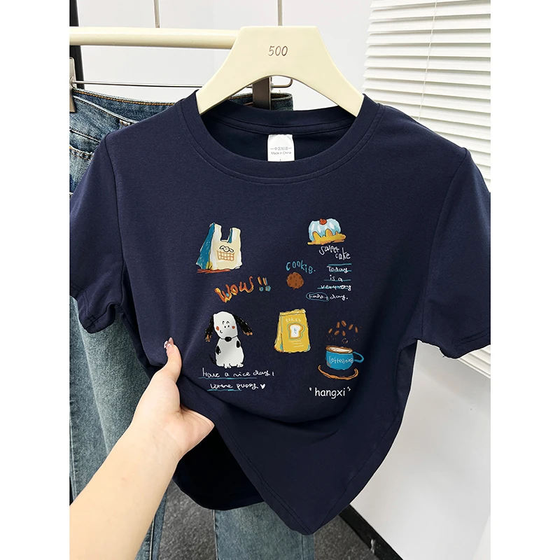 2025新款正肩短袖T恤女小众设计感印花洋气圆领大码微胖穿搭上衣