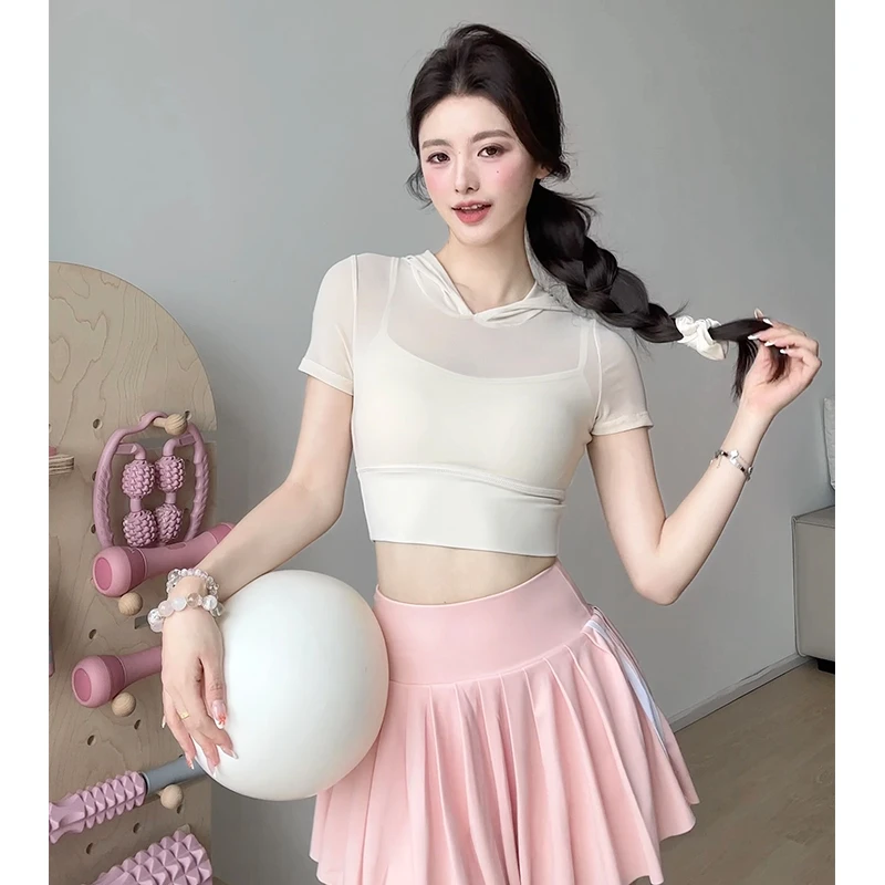gogoyoga连帽网纱瑜伽服短袖固定胸垫跑步速干运动文胸健身服上衣
