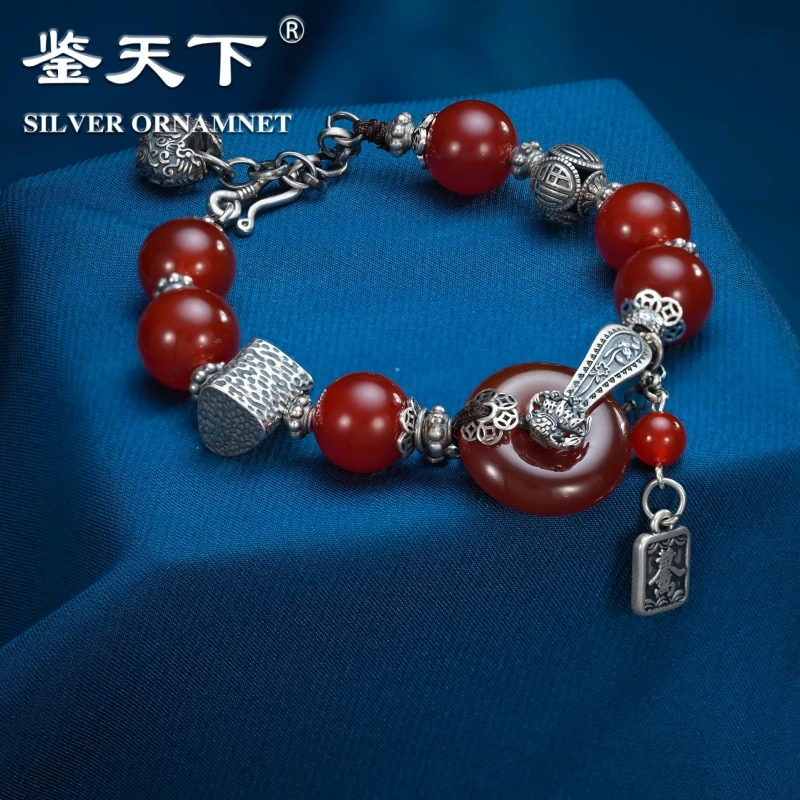 复古红玛瑙串珠平安扣银手链06200280