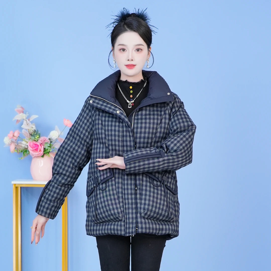 立领格纹气质保暖时尚加厚羽绒服新款宽松2025年冬季【SJYH3858】