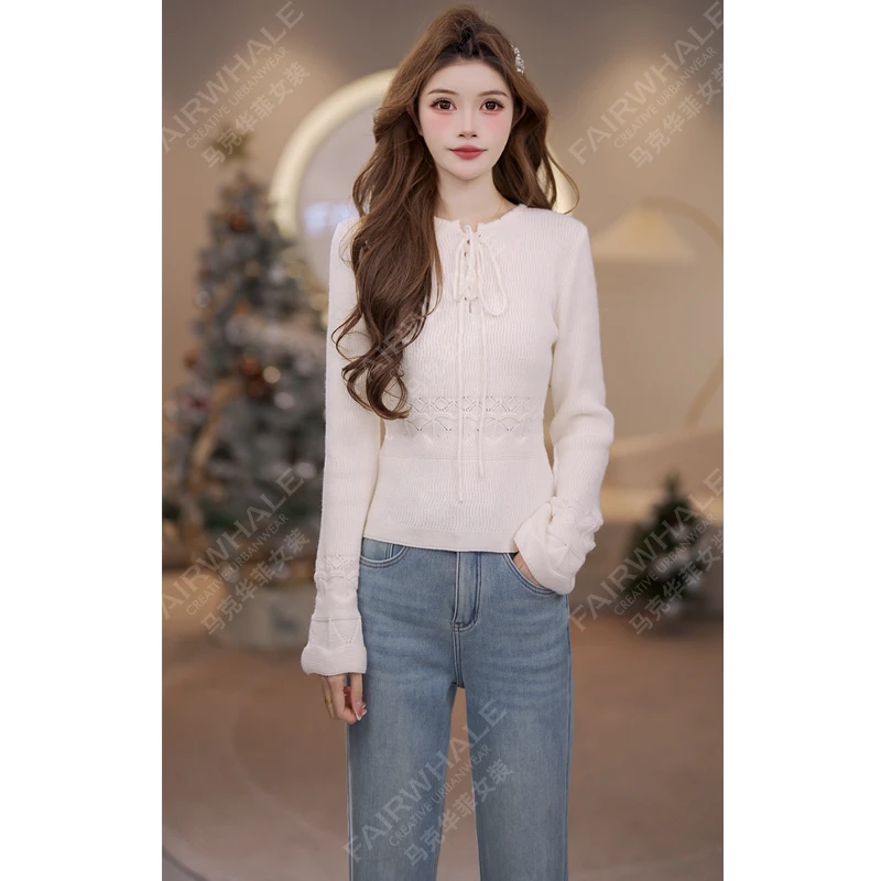 马克华菲女装秋冬镂空系带设计感时尚慵懒毛衣休闲针织衫上衣 X