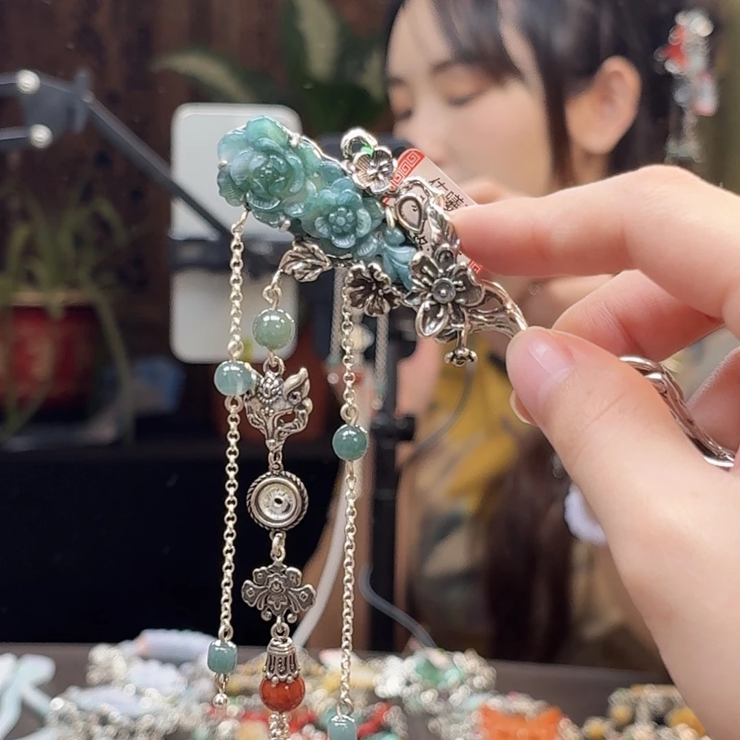翡翠银S925镶嵌发饰翡翠发簪