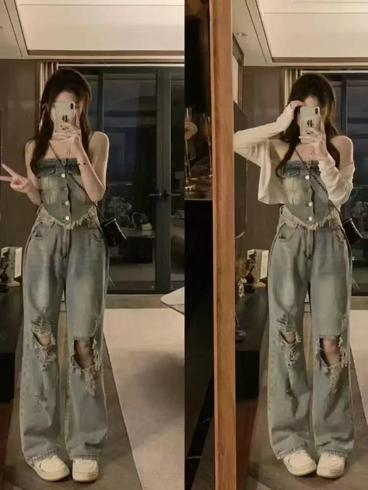 森女时尚复古高腰时尚破洞牛仔裤裤子性感风连体甜美清新