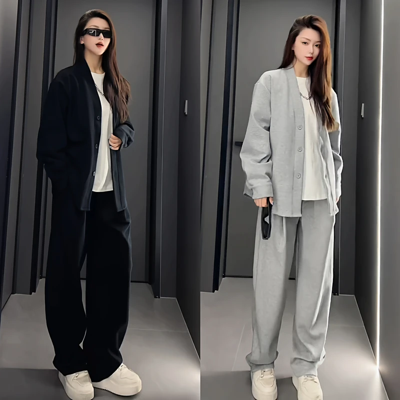 秋季新款高级感休闲套装男极简宽松深V领开衫外套上衣长裤两件套