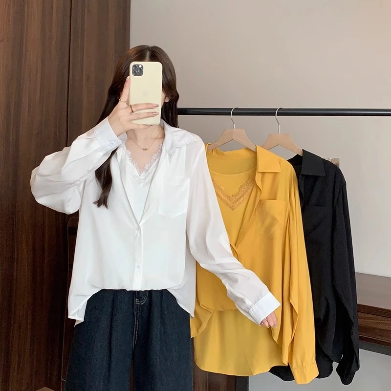 大码法式假两件长袖衬衫女秋季2025新款胖MM宽松显瘦时尚百搭上衣