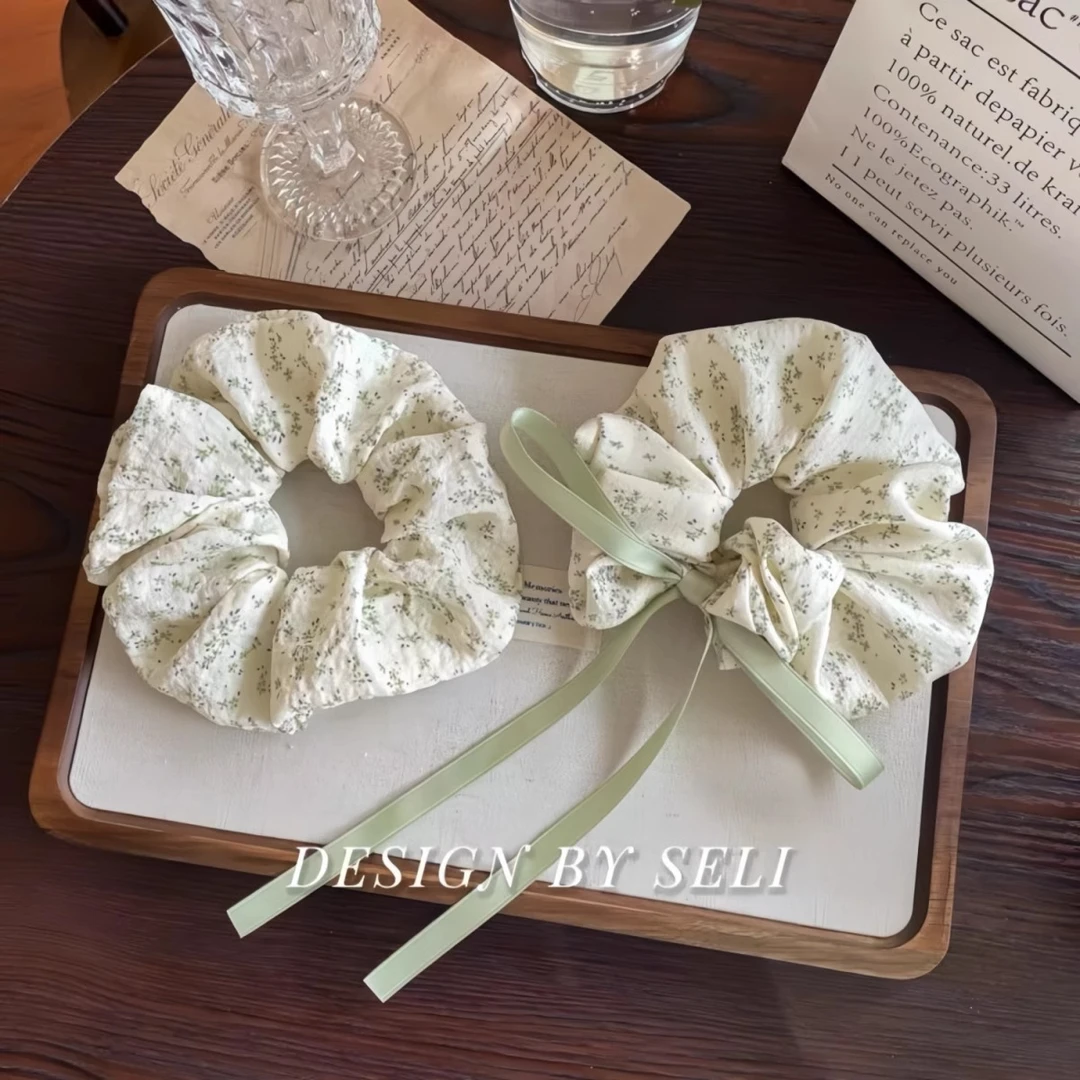 夏季新款豆沙绿色清新碎花大肠发圈纯棉蝴蝶结织带少女发绳头饰女