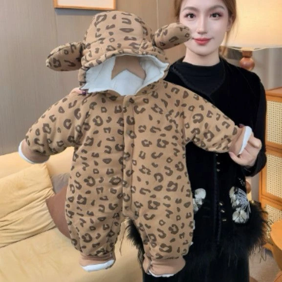 YeeHoO英氏【断码】豹纹连帽婴幼儿连身衣宝宝连体衣哈衣爬爬服冬季