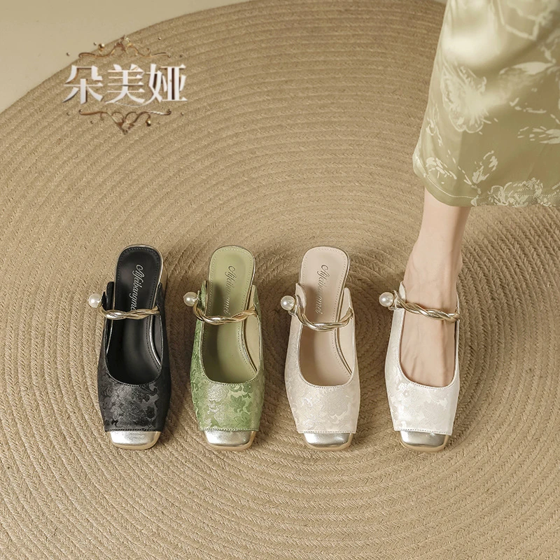 轻奢中式国风玛丽珍拖鞋女2025新款印花包头拖鞋夏一字带外穿半拖