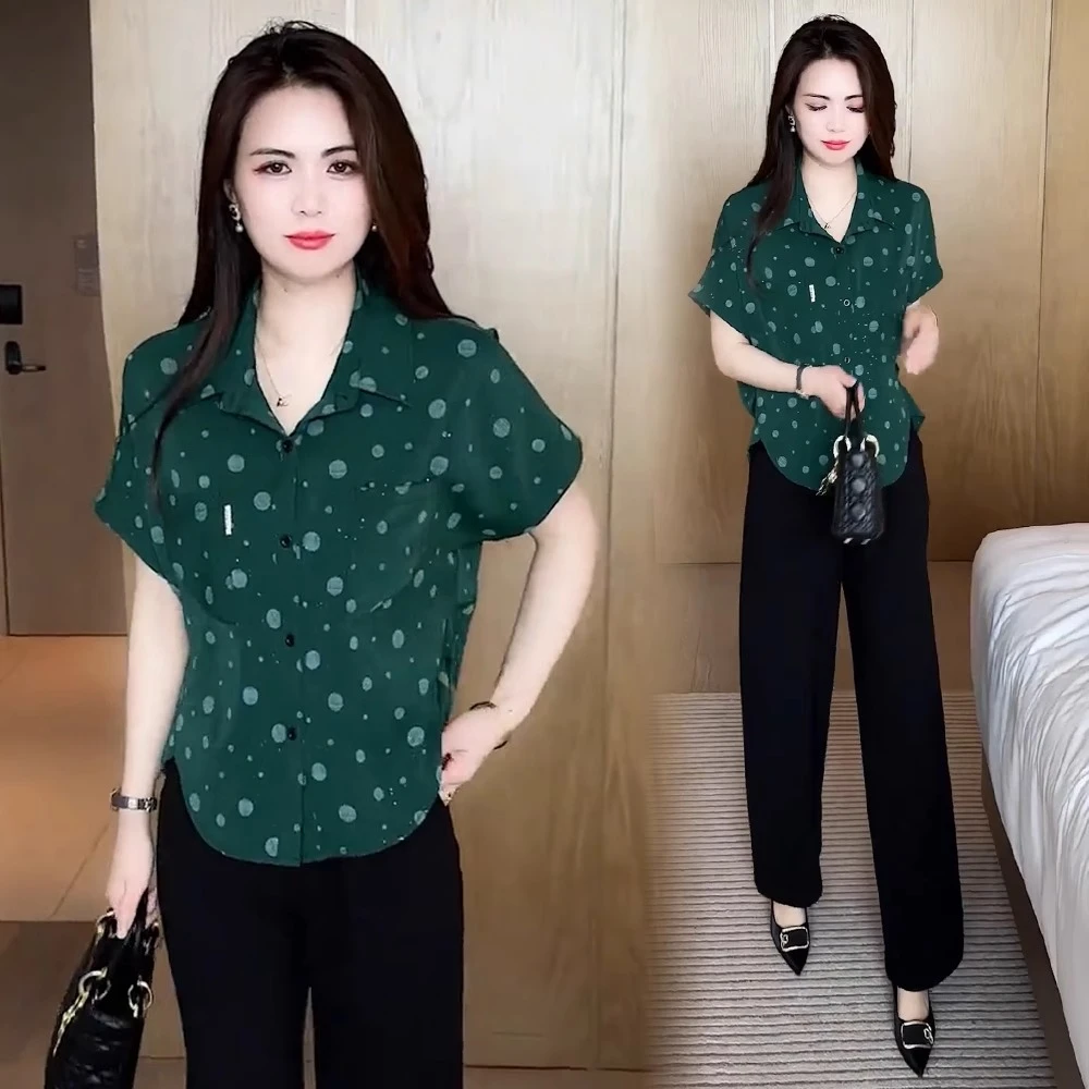 时尚套装女2025夏季新款宽松遮肉波点短袖衬衫显瘦直筒裤两件套潮