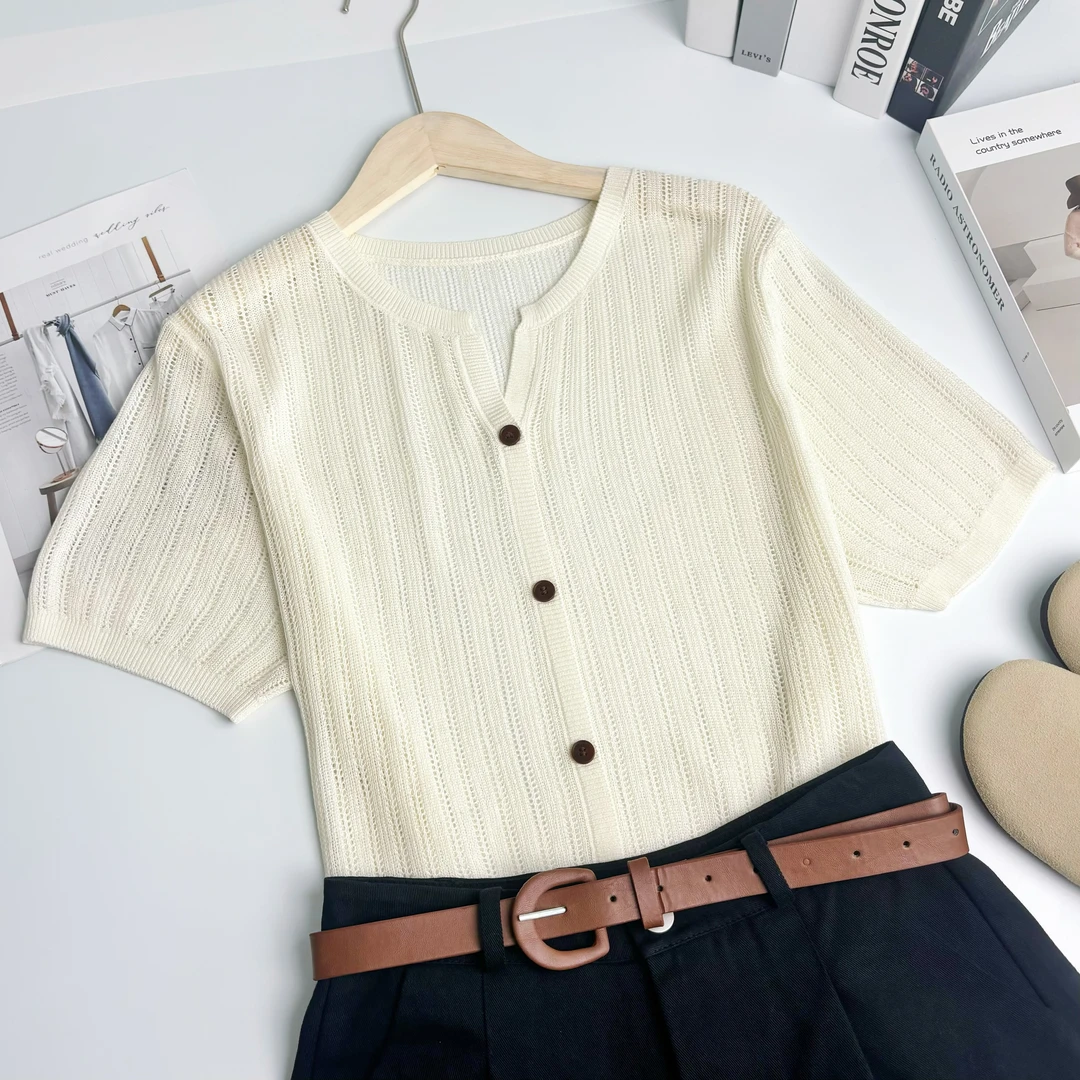 新新定制-V领纯色假开衫短袖T恤薄款微透针织短袖91423