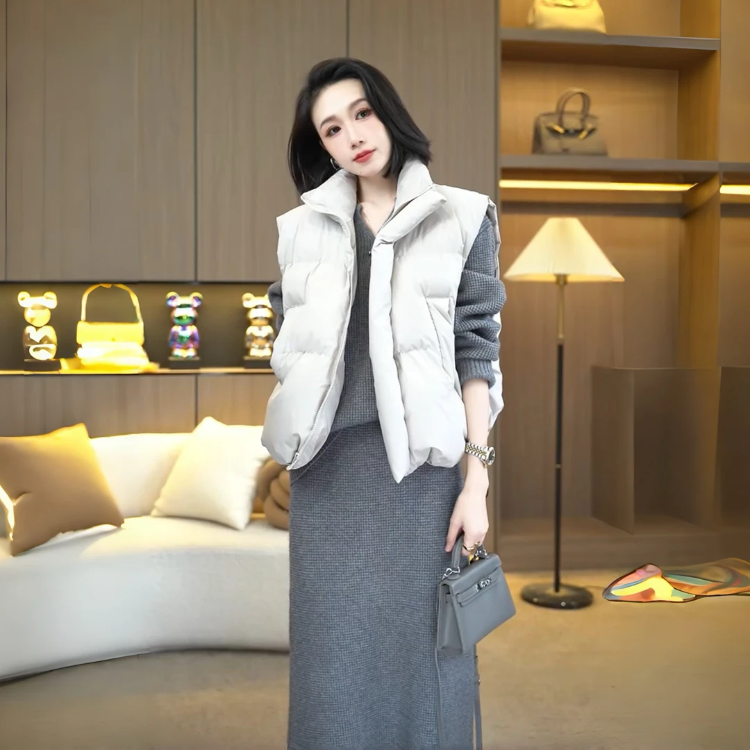 欧颍昇立领时尚潮流秋冬百搭女款纯色休闲显瘦宽松版马甲7311