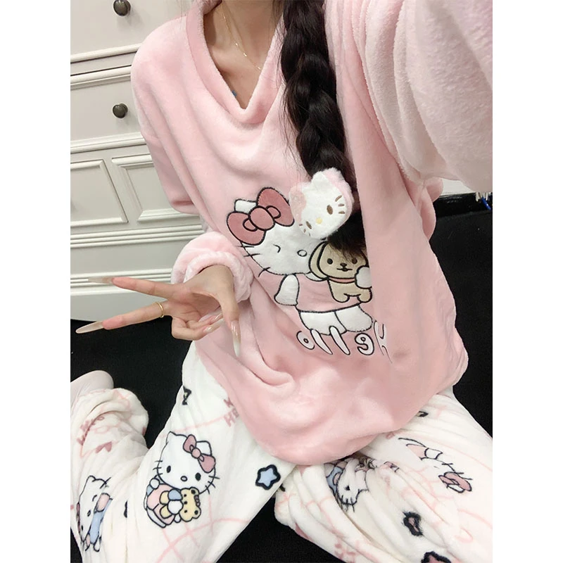 珊瑚绒加绒加厚睡衣女款秋冬季爆款日系卡通学生家居服法兰绒套装