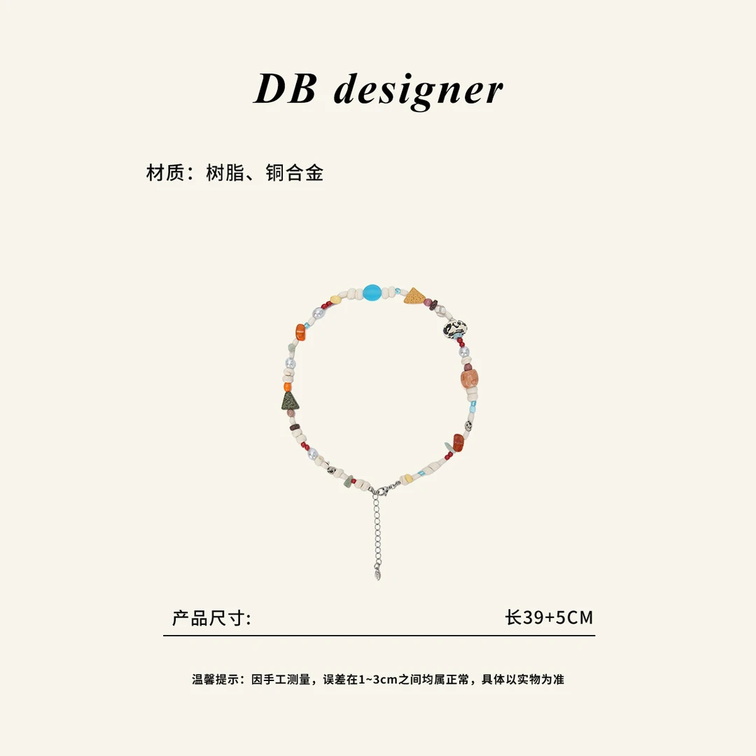 铜合金树脂项链 法式复古春夏彩色中古油画少女复古项链女锁骨链