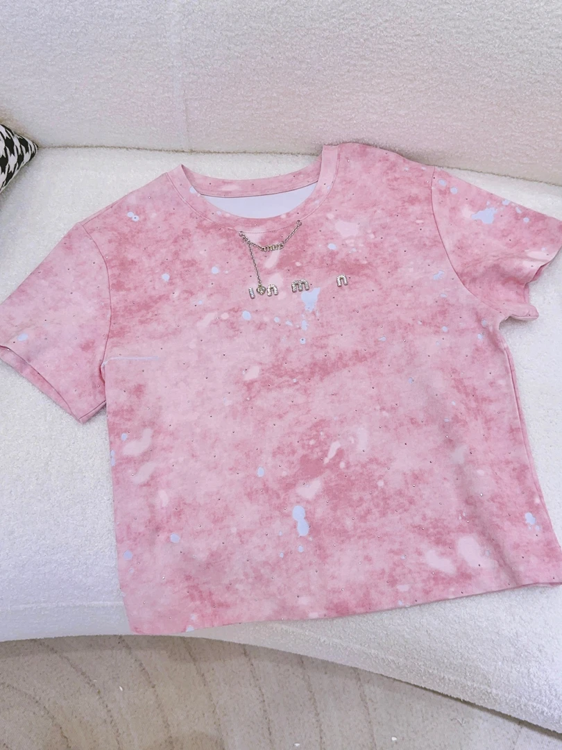 琳心丨夏季新款粉色扎染满印字母绣标圆领T恤 JN4951
