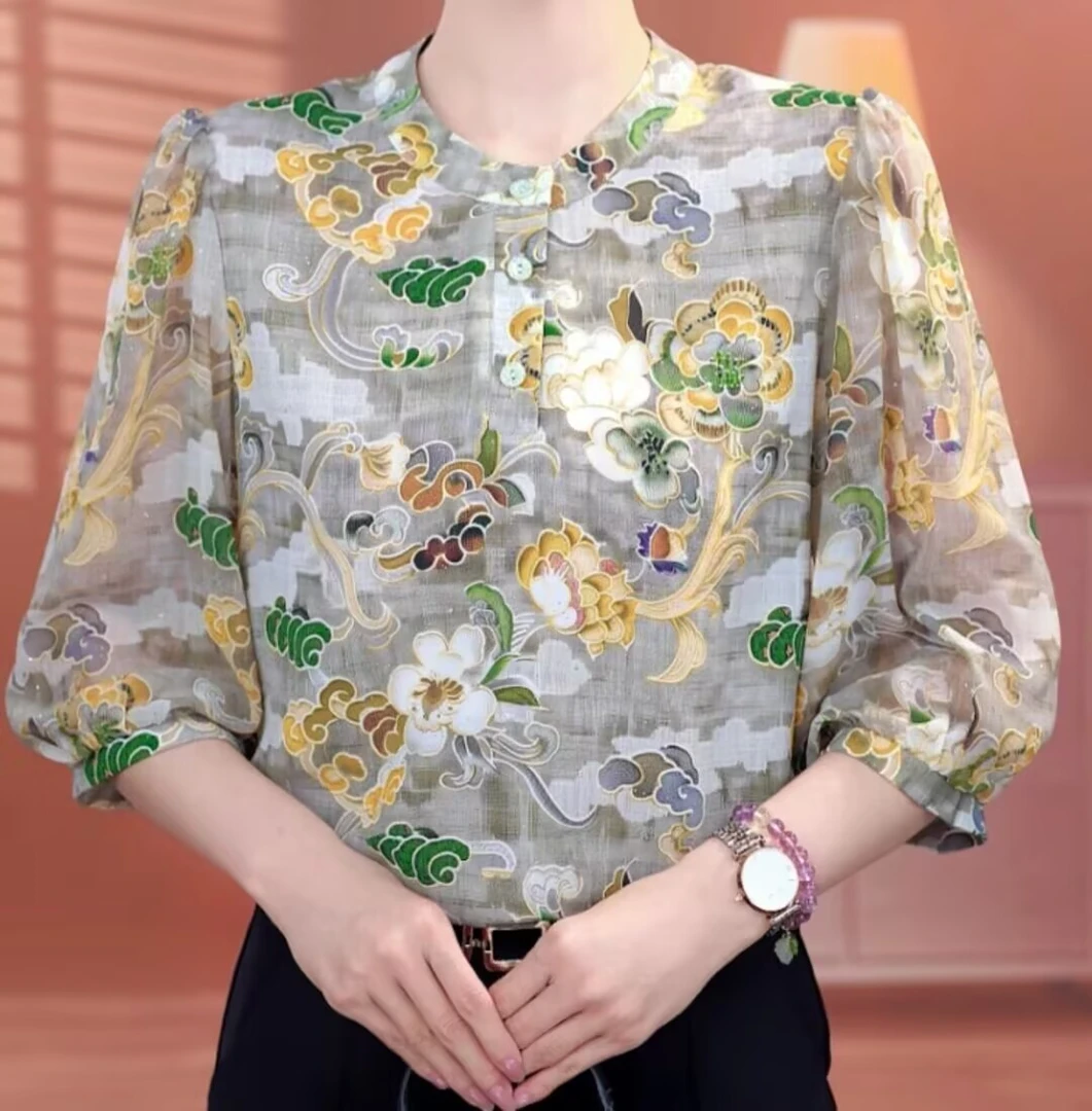 【薄款】夏季七分袖新中式碎花冰丝衬衫大码胖mm宽松显瘦防晒小衫