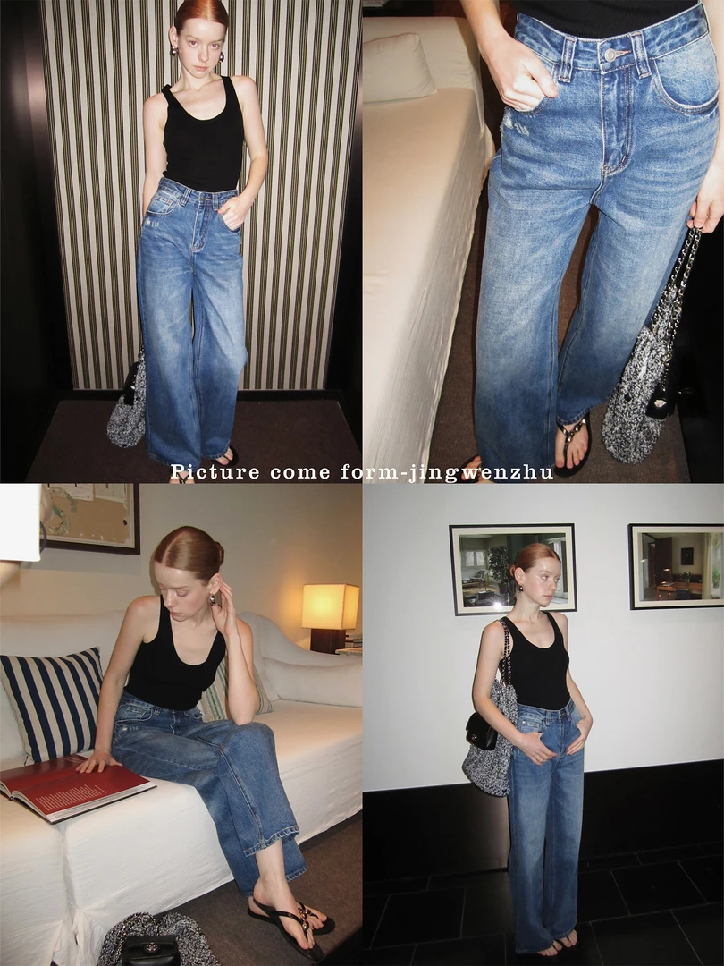 JINGWENZHU老钱洗水磨破工艺高腰牛仔直筒阔腿裤    JWZ011