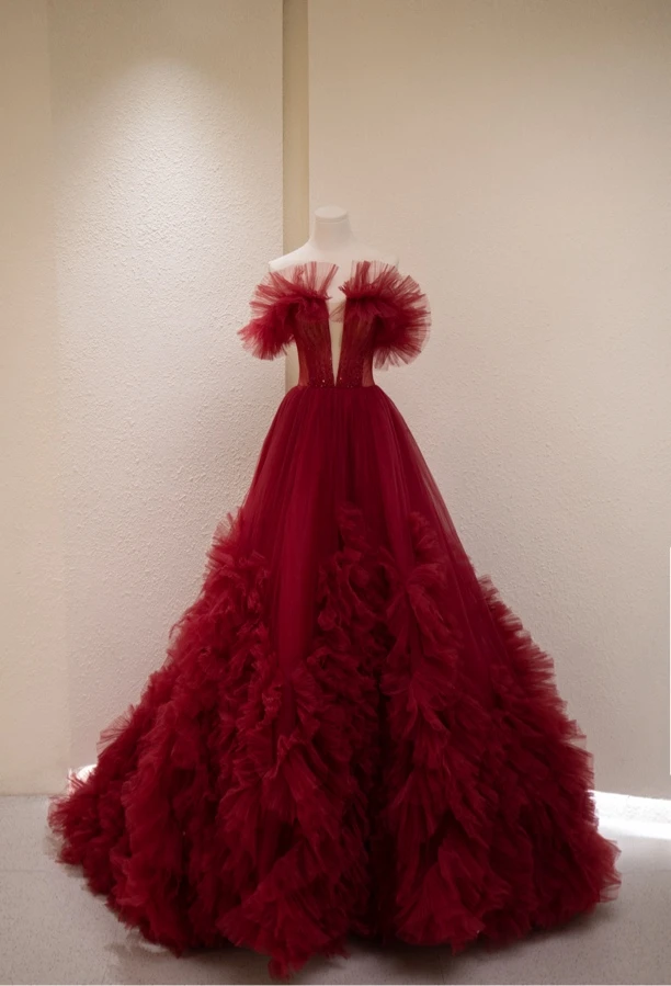 红色蛋糕裙敬酒服纱裙