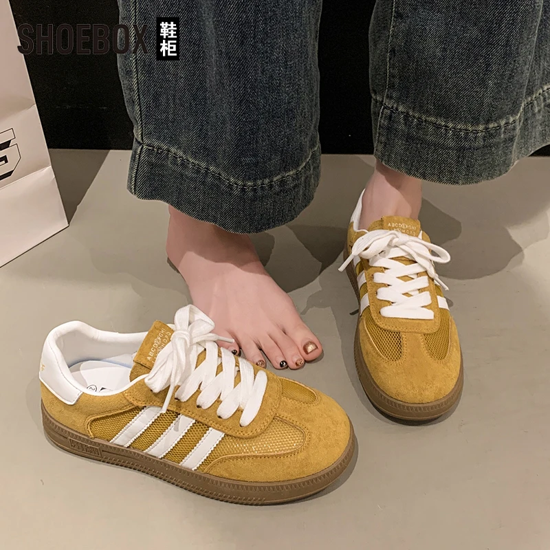 SHOEBOX鞋柜三条杠黄色德训鞋女2025春季网面透气小白休闲运动鞋