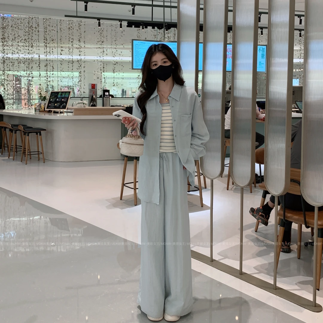 【亚麻三件套】设计师新款亚麻衬衫防晒外套+背心+裤子套装TZ2087