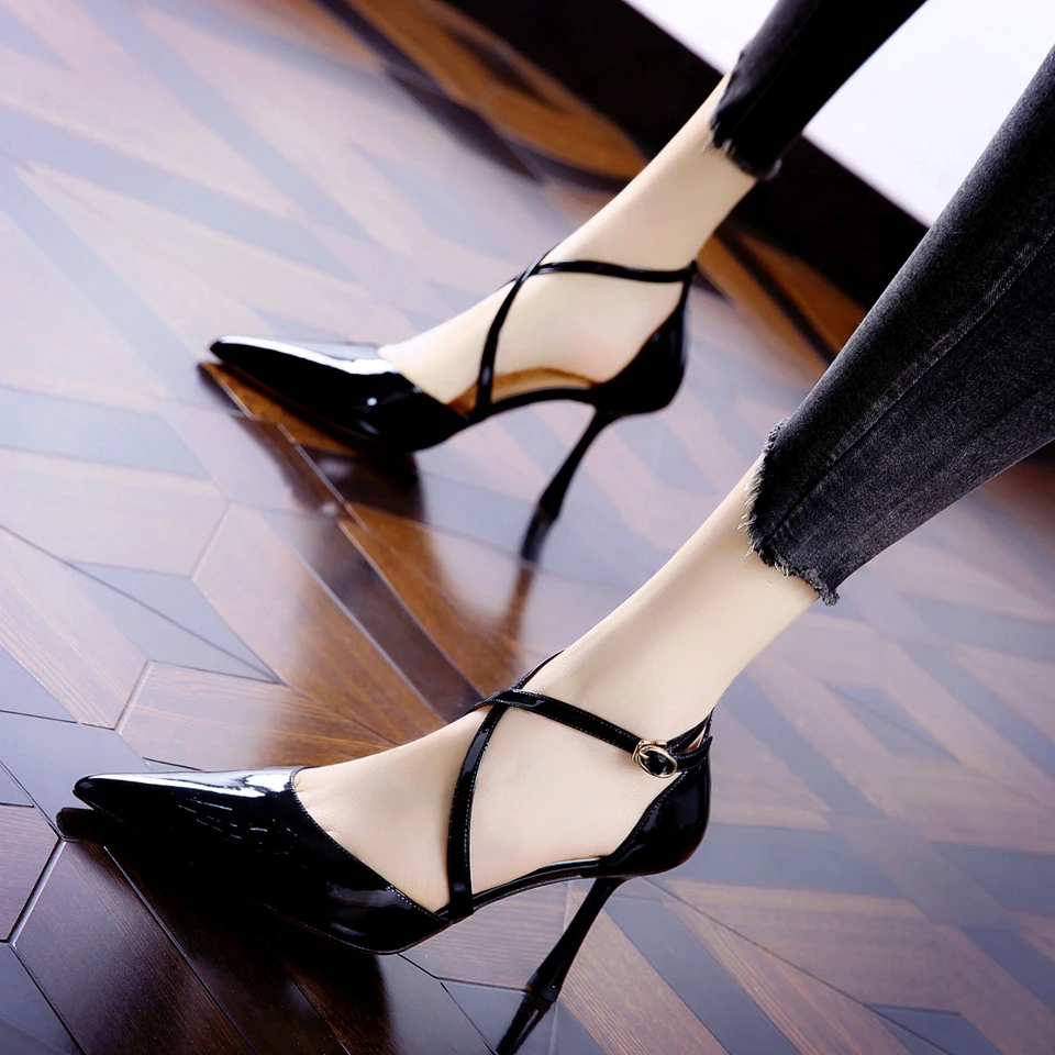 8CM[已开价]细跟单鞋女2025年夏季交叉绑带漆皮尖头高跟鞋3353-8