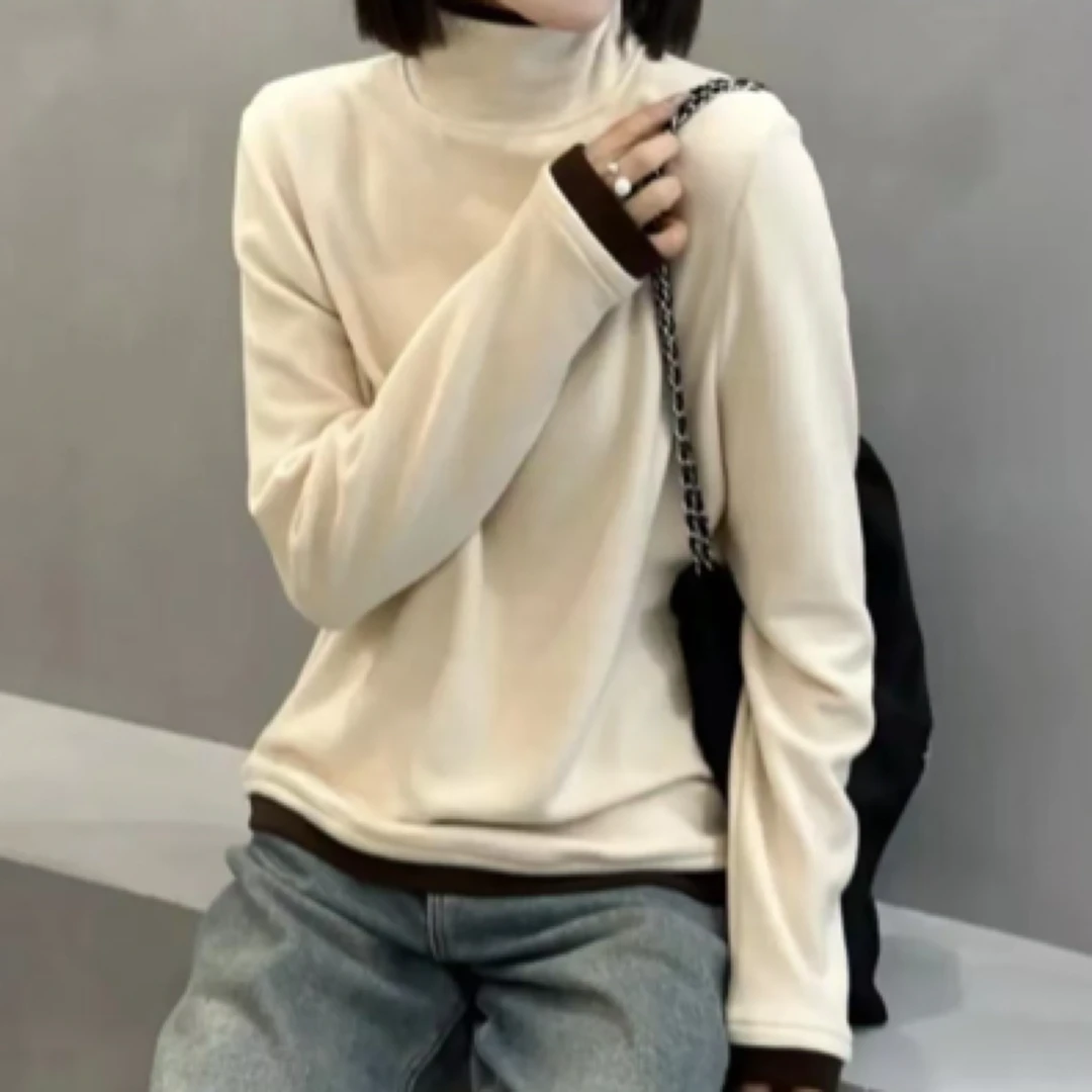 防静电高领拼色T恤打底衫半高领长袖保暖内搭秋冬女士堆堆领cse