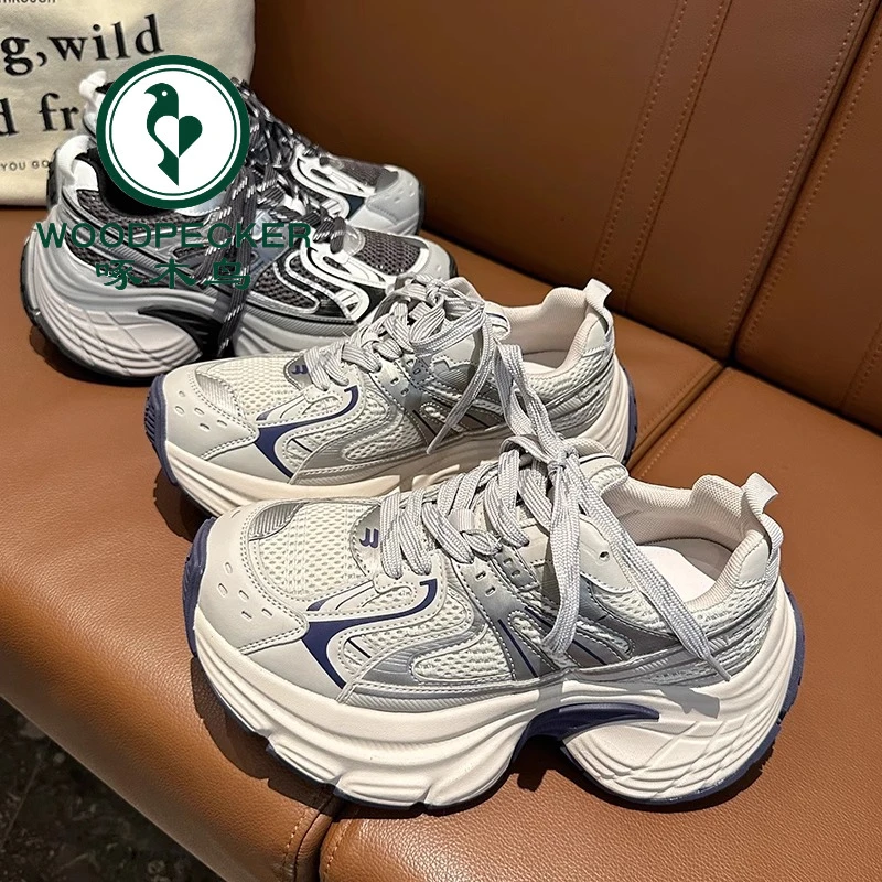 啄木鸟秋季新款厚底老爹鞋女透气增高网面炸街6CM网红ins潮运动鞋