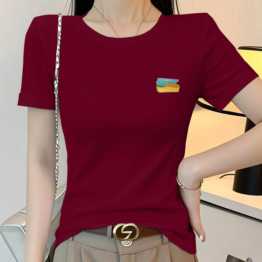 红色正肩短袖t恤女夏季修身显瘦半袖体恤衫洋气减龄百搭印花上衣