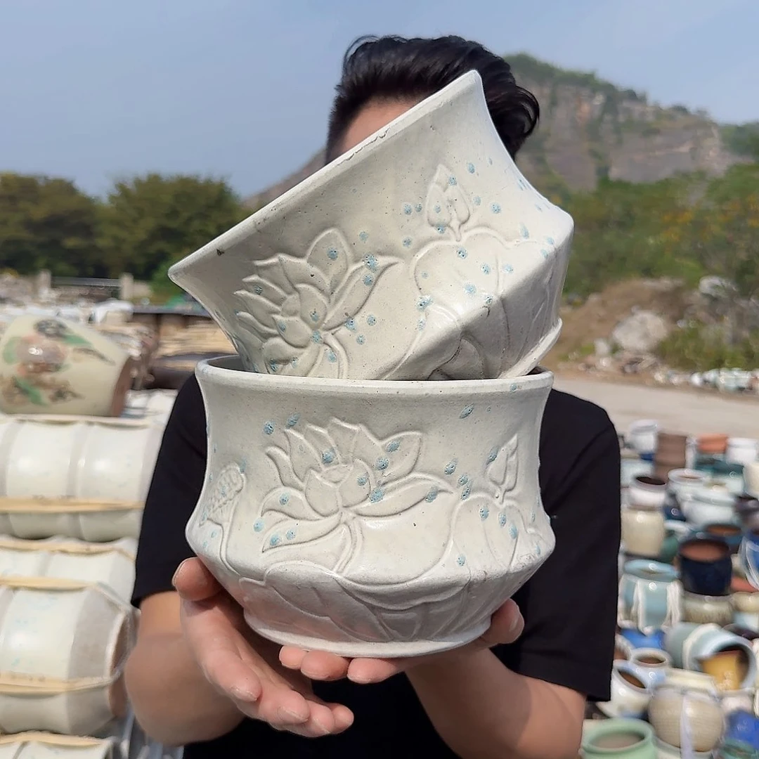 紫砂花盆口20高15（两个拼荷花白色