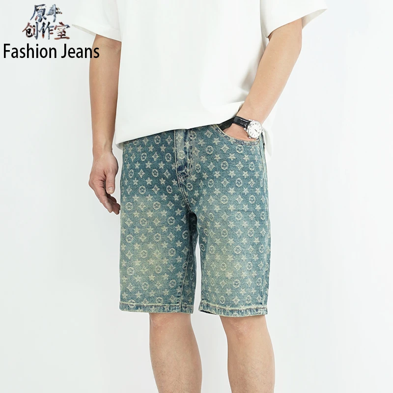 定制提花拉链薄款印花夏季短裤牛仔裤复古五分裤男士时尚中裤休闲
