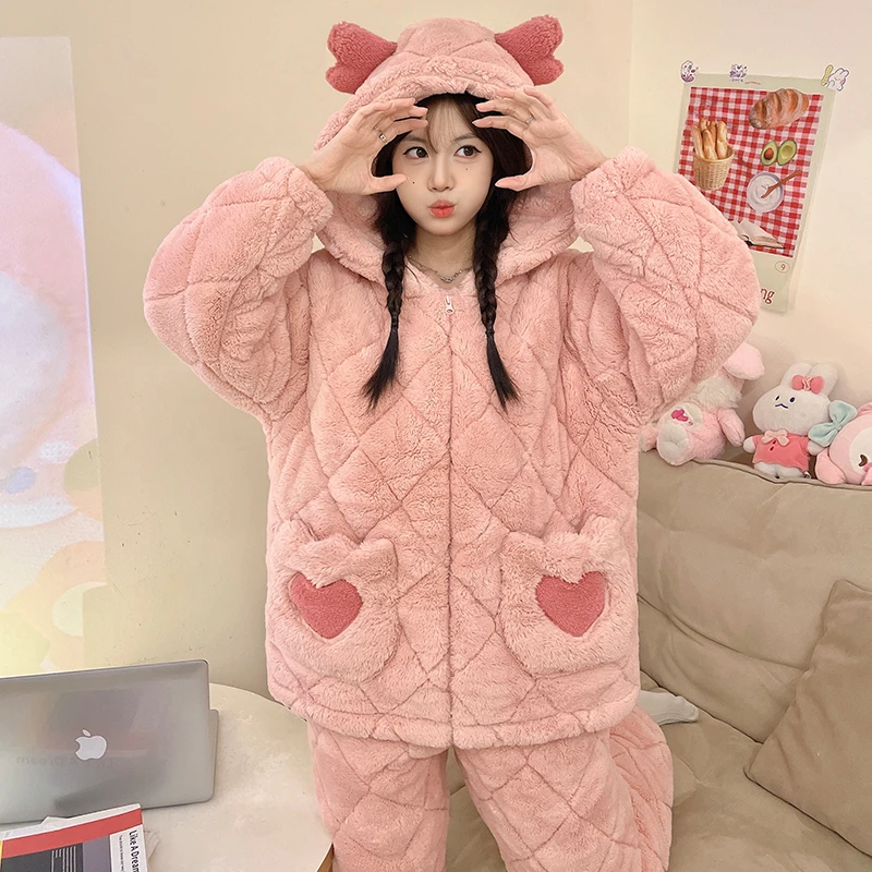 【短款夹棉】冬季三层夹棉超厚锁温可爱卡通女士睡衣宽松显瘦套装