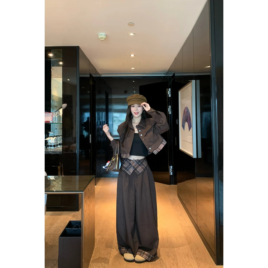 复古格纹拼接短款夹克外套阔腿裤西装裤2025秋季新款两件套女chic