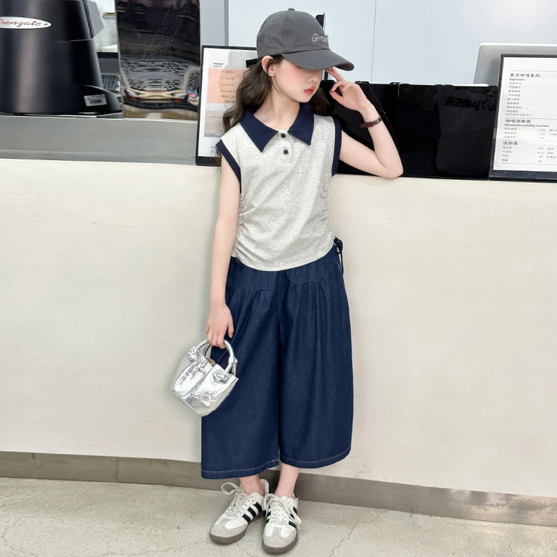 女童夏季套装2025新款中大童洋气薄款无袖Polo短袖夏装九分阔腿裤
