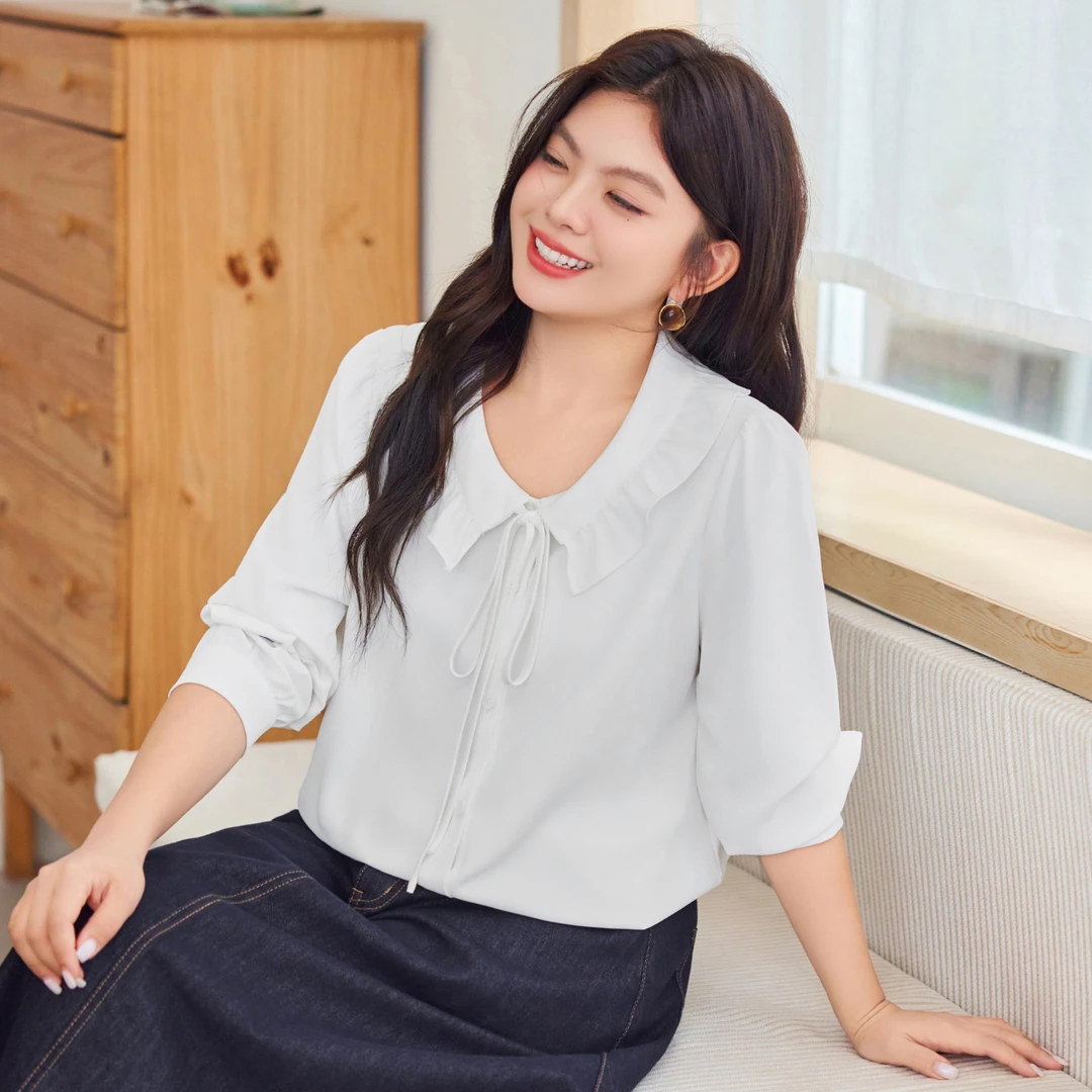 【秋上新系带荷叶领长袖衬衫】MsShe大码女装2025显瘦上衣C2508018