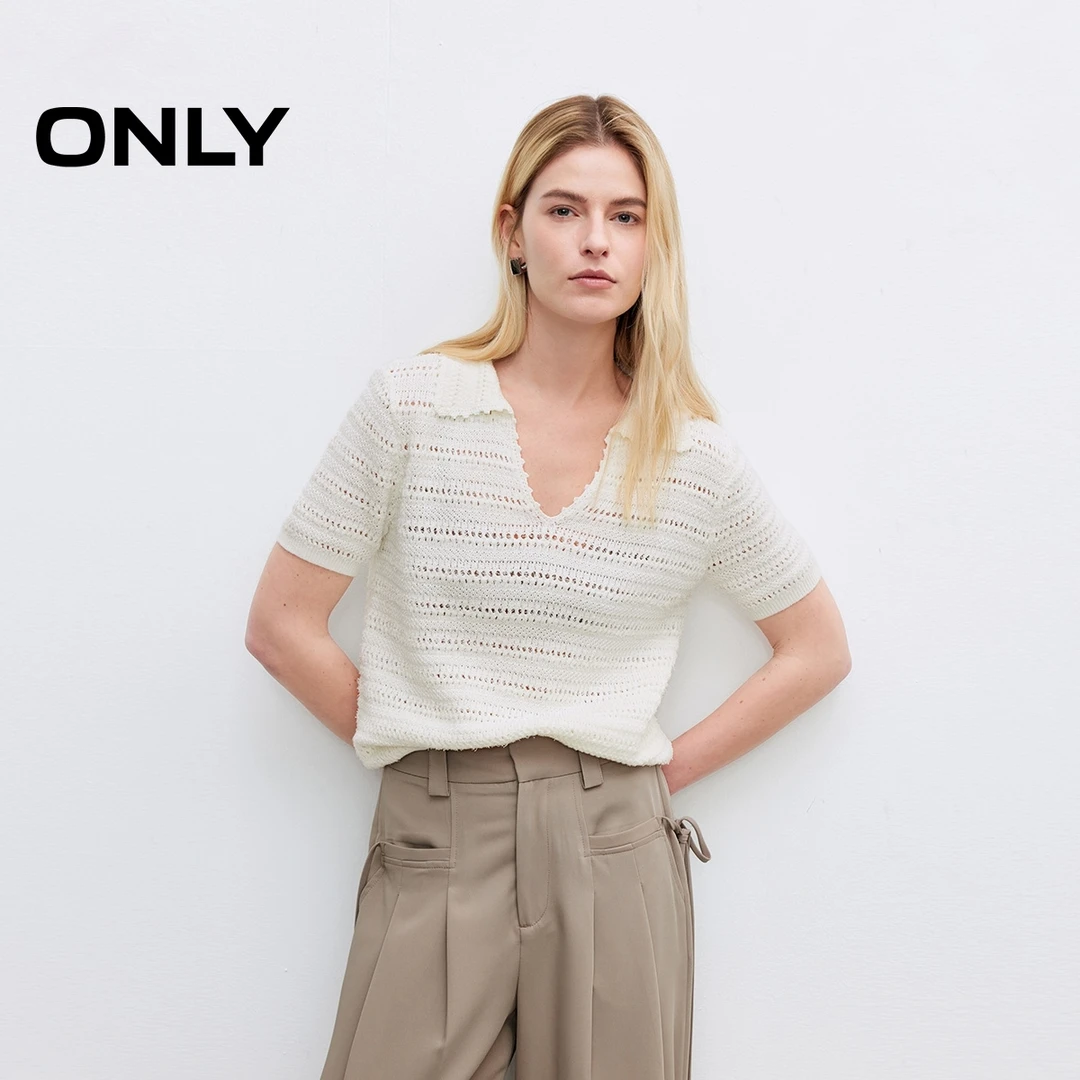 ONLY2025秋季新款柔软舒适V领显瘦正肩短袖针织衫女|125145005