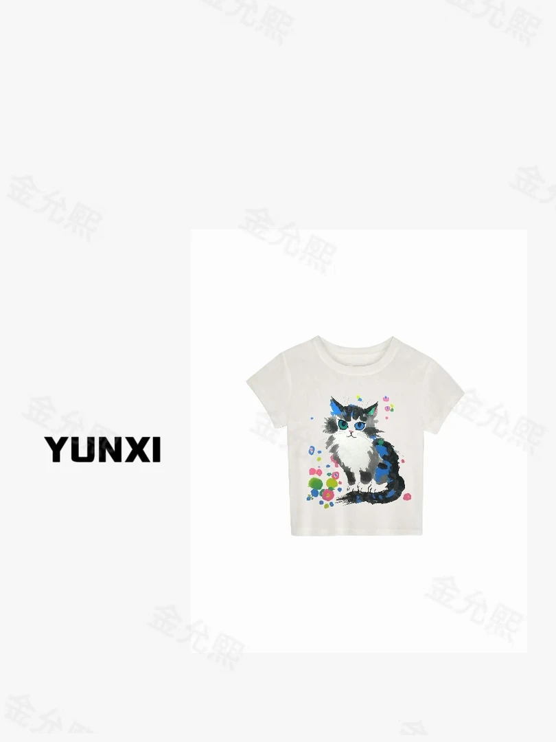 【素颜猫咪】莱赛尔天丝美式小猫正肩短袖T恤女薄款夏修身显瘦上衣