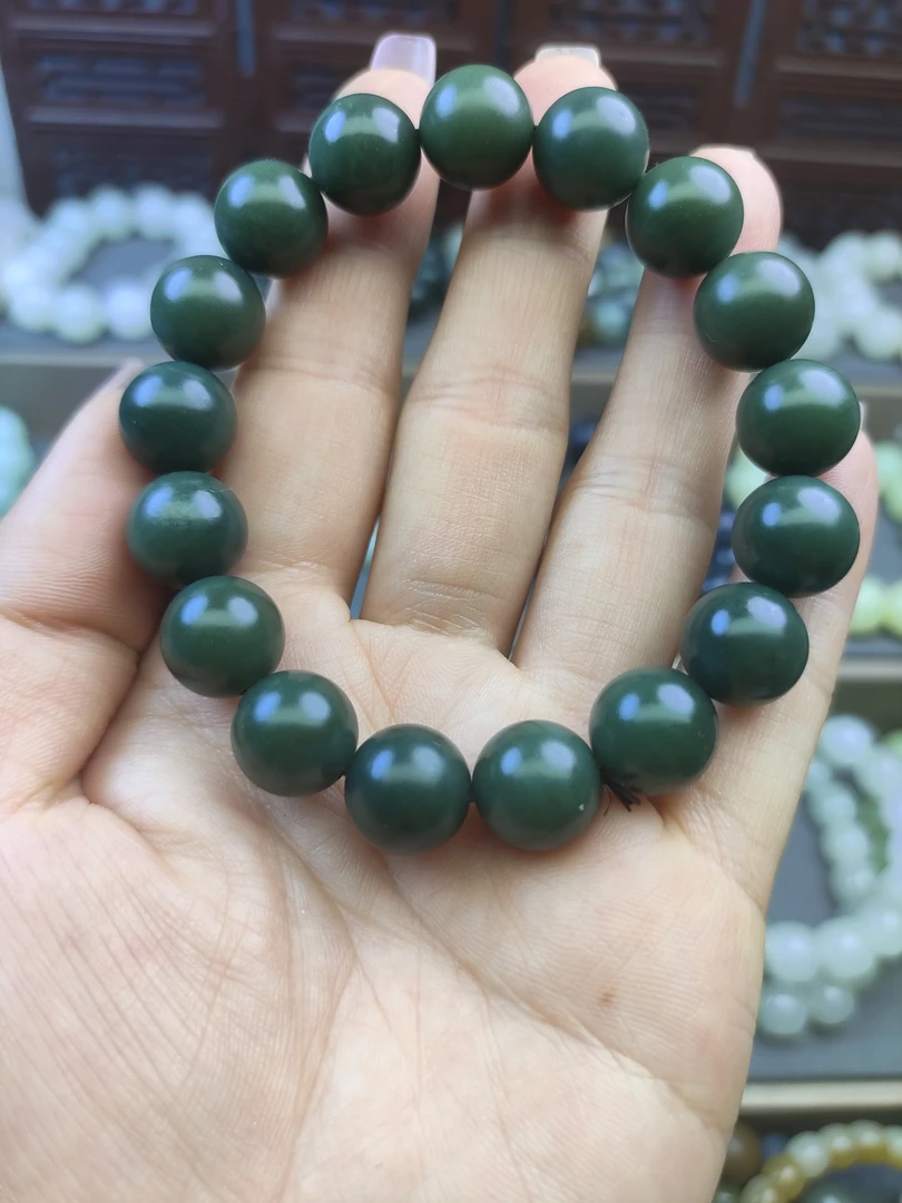 天然和田玉蓝调青海格尔木青玉圆珠12mm手串手链