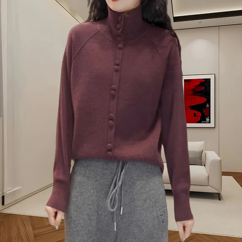 法式轻熟气质长袖高领针织衫女春季新款简约纯色宽松显瘦百搭上衣