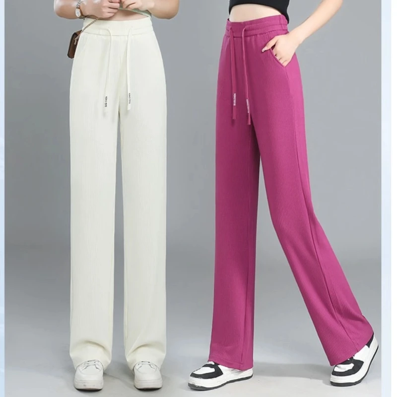 夏季薄款冰丝水柔棉高腰宽松休闲百搭小个子窄版直筒裤垂感阔腿裤