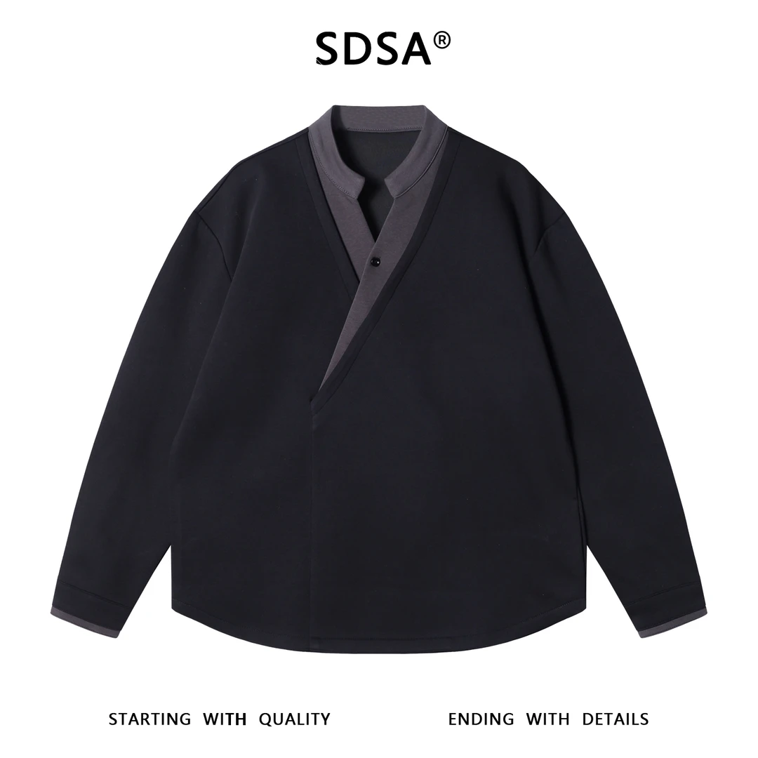 SDSA秋冬新款痞帅男装韩版拼接纽扣V领假两件卫衣百搭套头上衣潮