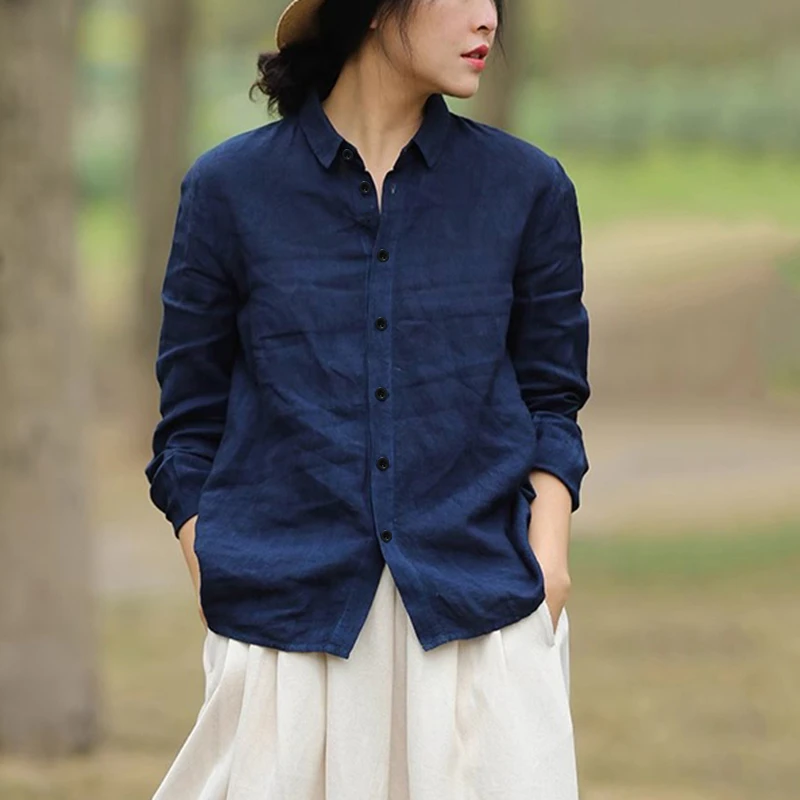 复古深蓝色棉麻衬衫女春秋宽松休闲百搭长袖透气亚麻衬衣翻领上衣