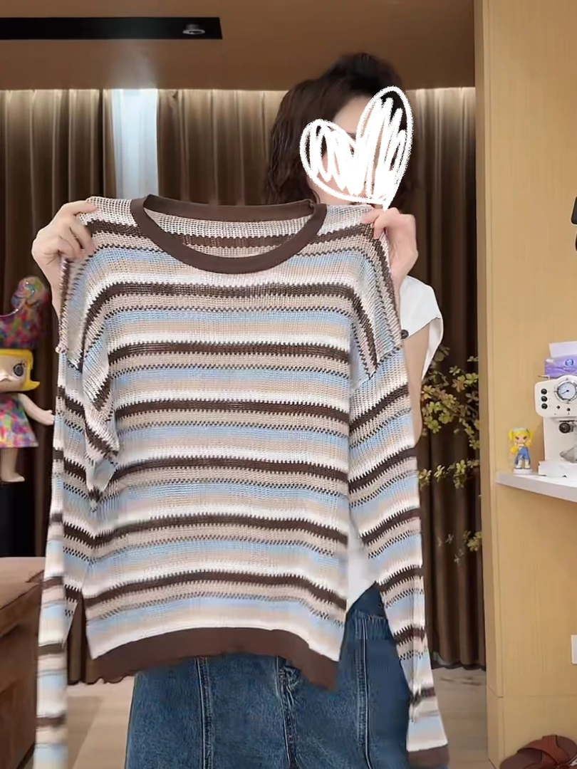 欧尼私服 2025夏款圆领撞色蓝条针织衫休闲上衣 2507C3921