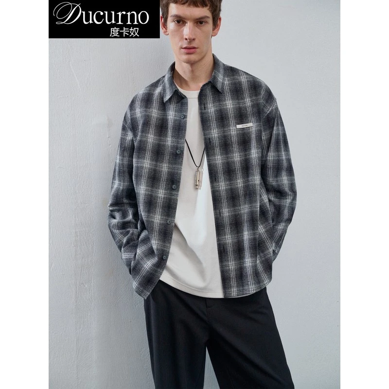 2025新款秋季渐变格子衬衫外套男士长袖高级感休闲衬衣男装潮流