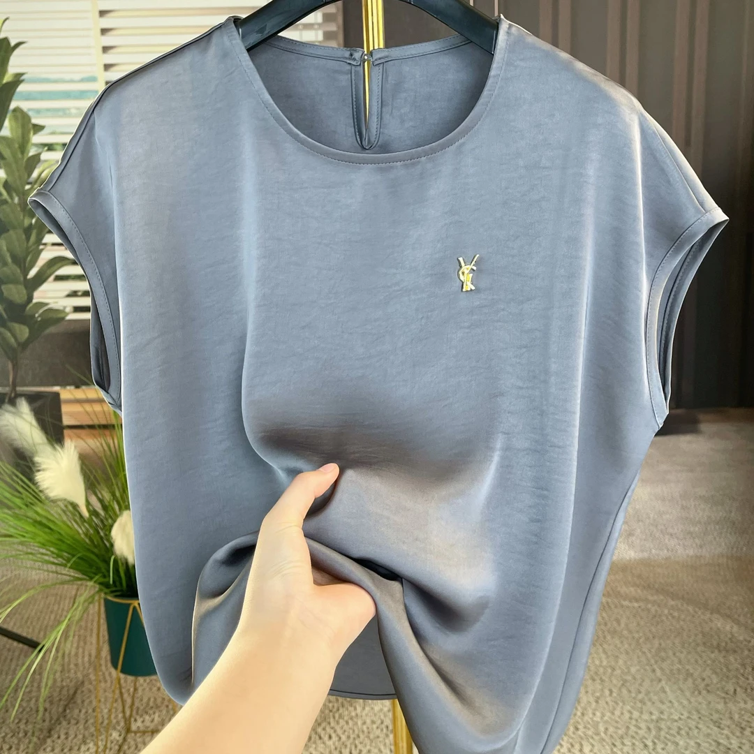 桑蚕丝无袖圆领常规中性风T恤简约夏季显瘦时尚休闲女士小衫