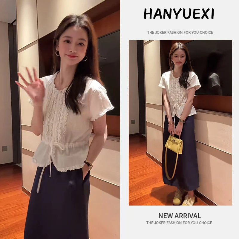 夏季时尚一整套女装2025新款设计感重工短袖衬衫高腰半身裙两件套