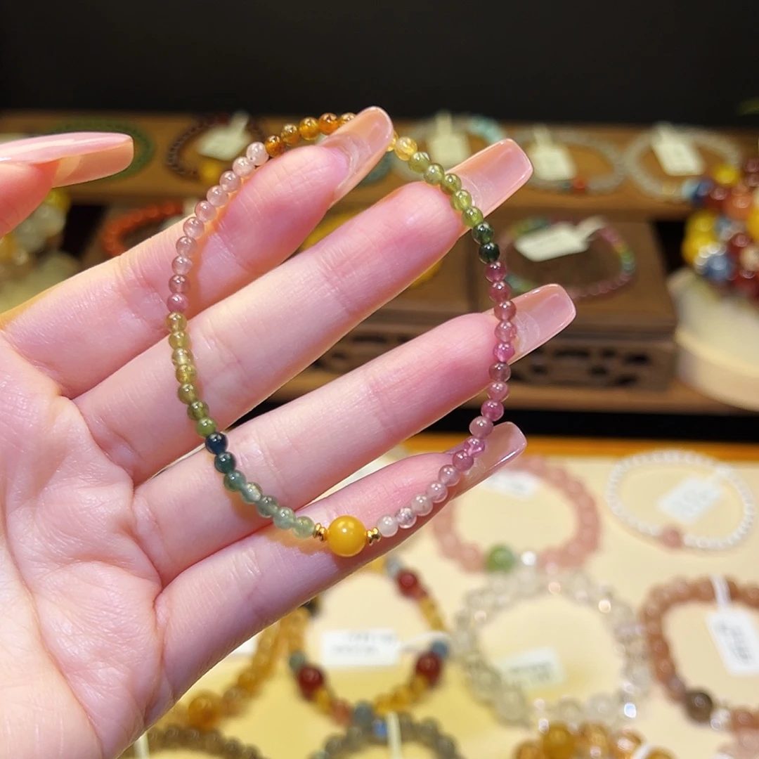 水晶手串银S925镀金镶嵌碧玺1342