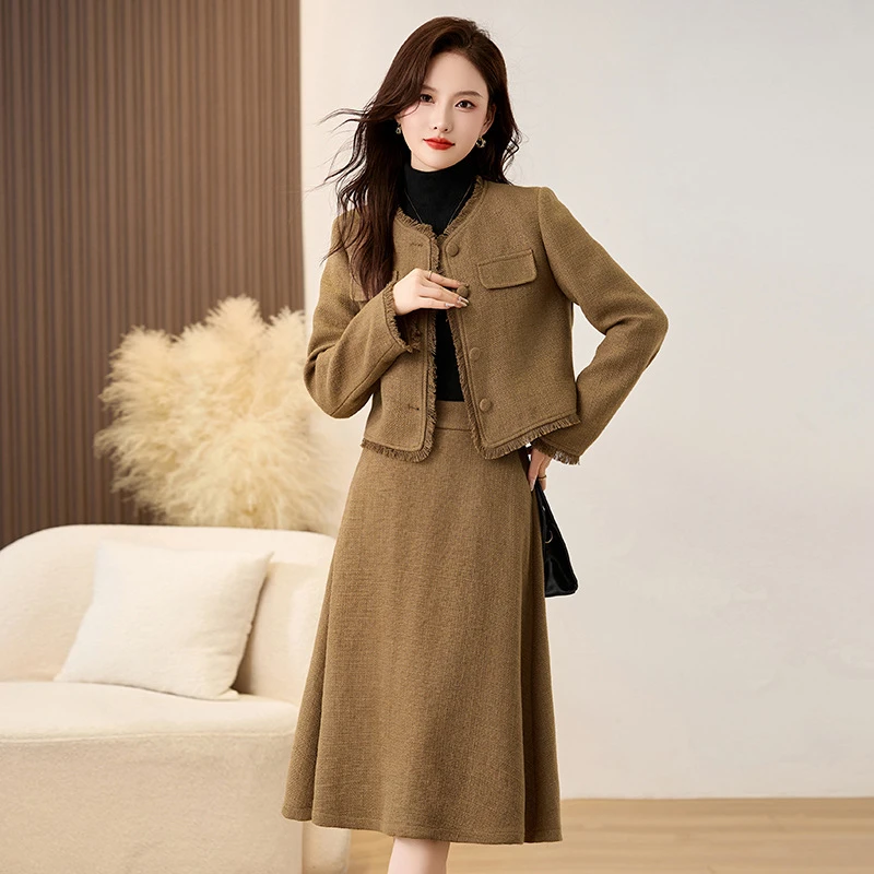 时尚夹棉套装秋冬新款女小香风加厚毛呢外套半身裙两件套 SW1868