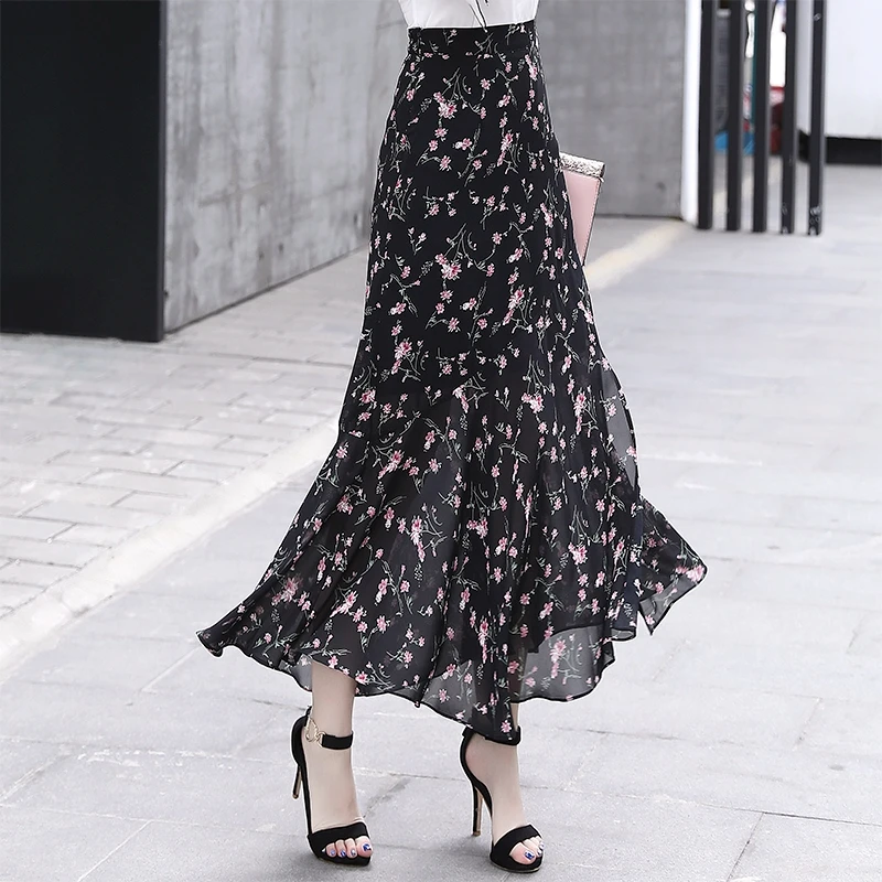 开叉雪纺鱼尾裙碎花半身裙女夏荷叶边雪纺长裙高腰显瘦优雅包臀裙