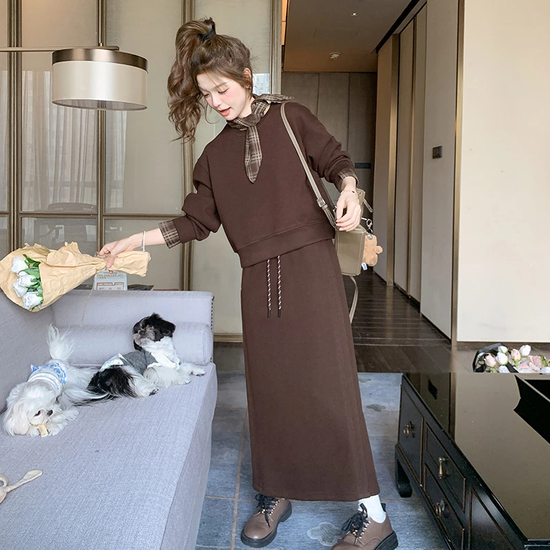 女宽松2025年新款卫衣春秋半身裙咖啡色套装两件套装韩版显瘦收腰