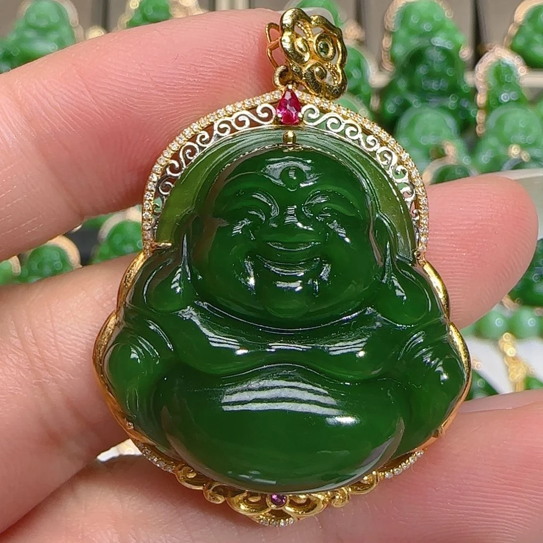 和田玉（碧玉）吊坠(不含链)18K金镶嵌