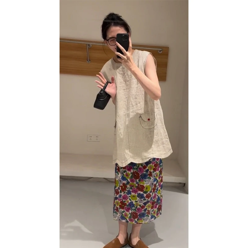 夏季梨型身材穿搭套装宽松显瘦遮肉减龄杏色马甲碎花半身裙两件套